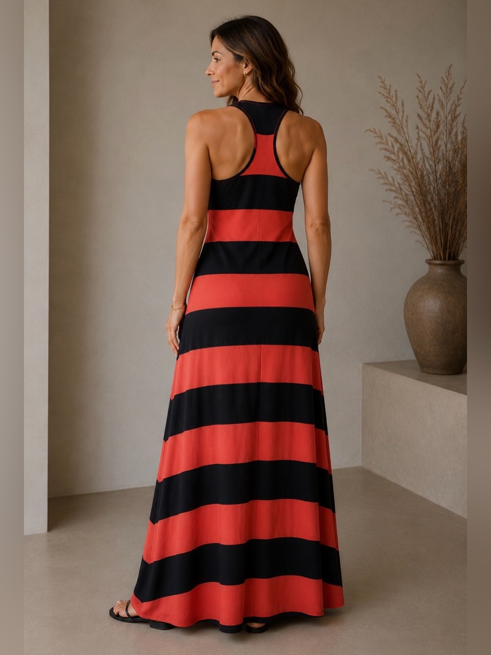 SPLENDID MADE USA RACERBACK MAXI FLOOR GRAZING STRIPED CORAL BLUE M